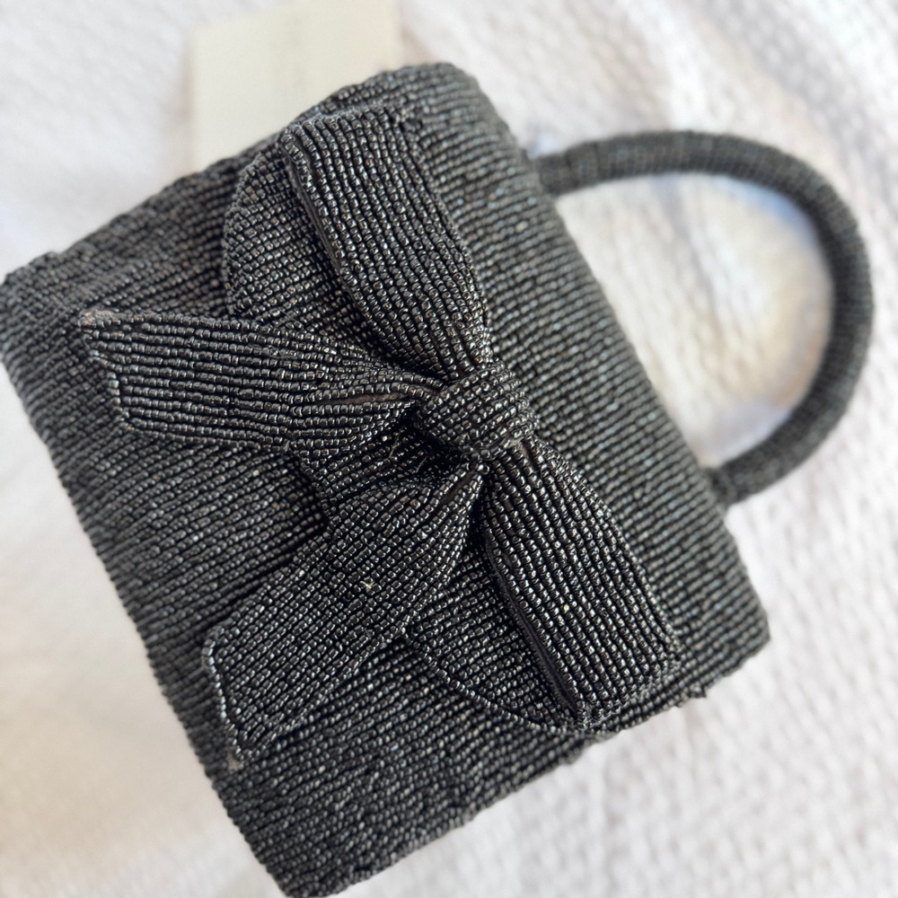 Black Beaded Mini Bow Top Handle Bag | Chain Strap | Evening Clutch | Rachel Zoe - Picture 7 of 9